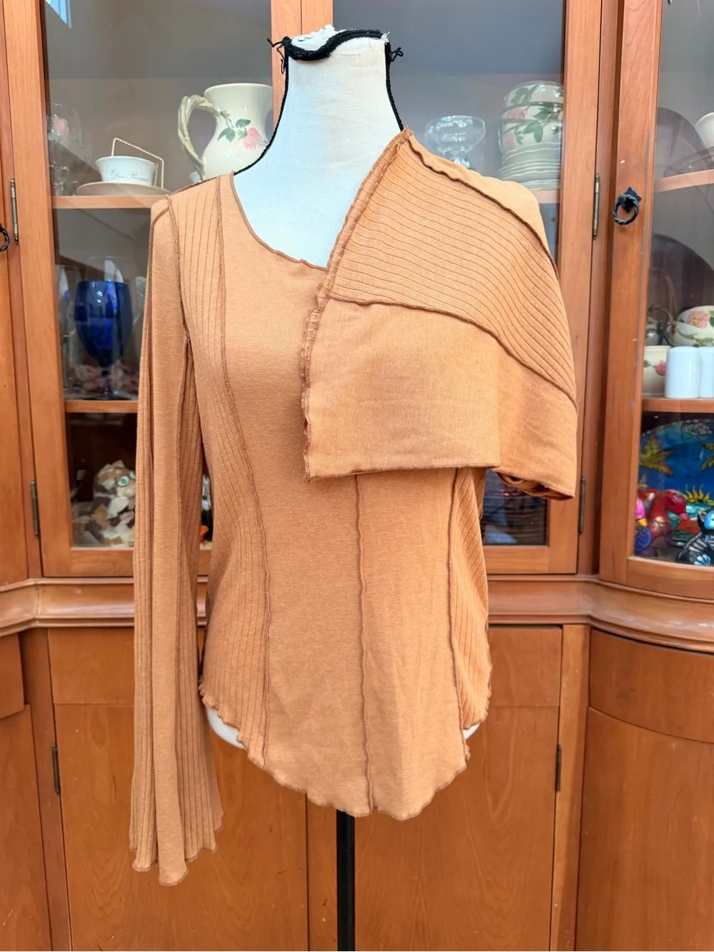 We the Free tan scoop neck knit blouse bell sleeves